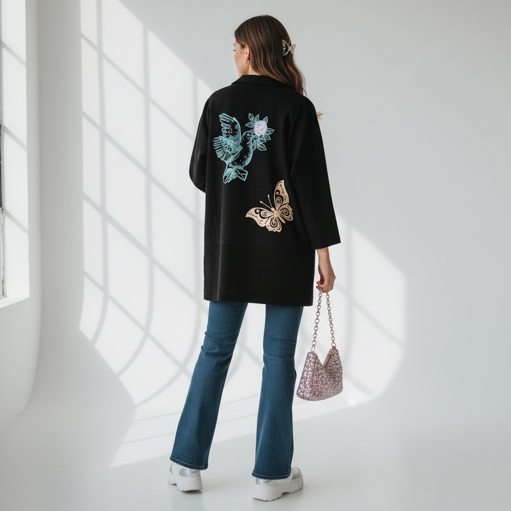 Y2K Zara black faux suede Tattoo Graphic butterfly humming bird Jacket - Picture 9 of 9